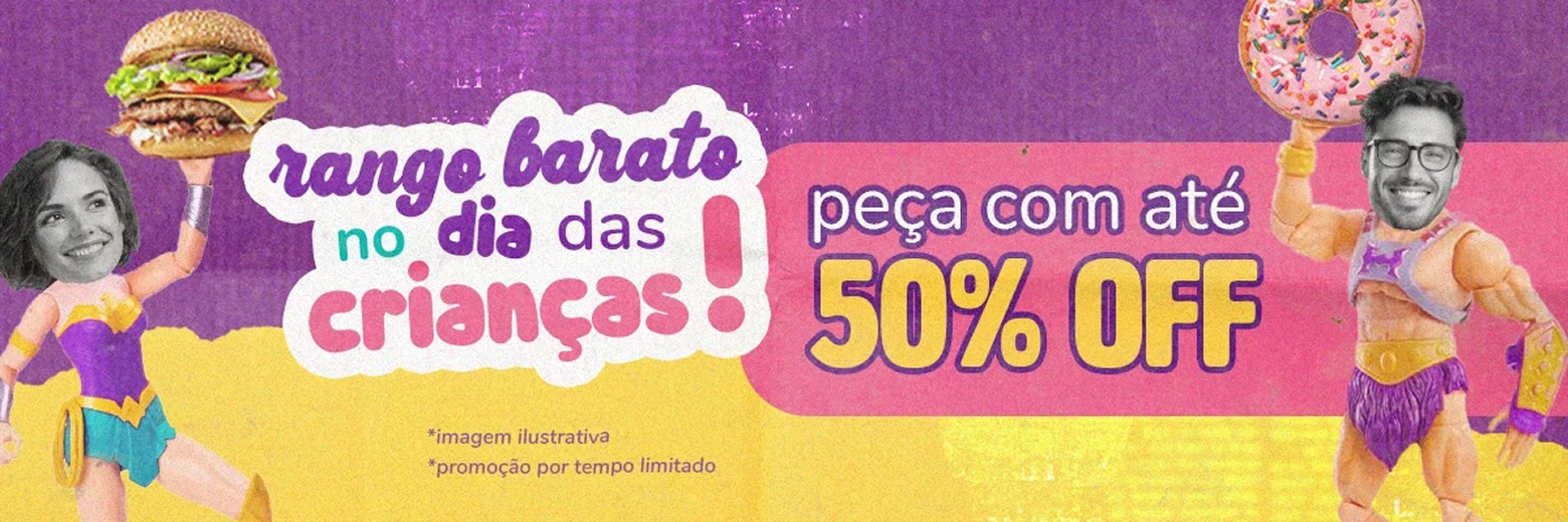Banner com a mensagem rango barato no dia das crianças, peça com até 50% off. Promoção por tempo limitado